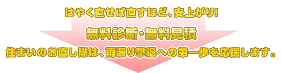 はやく直せば直すほど、安上がり！無料診断・無料見積　住まいのお直し隊は、雨漏り撃退への第一歩を応援します。